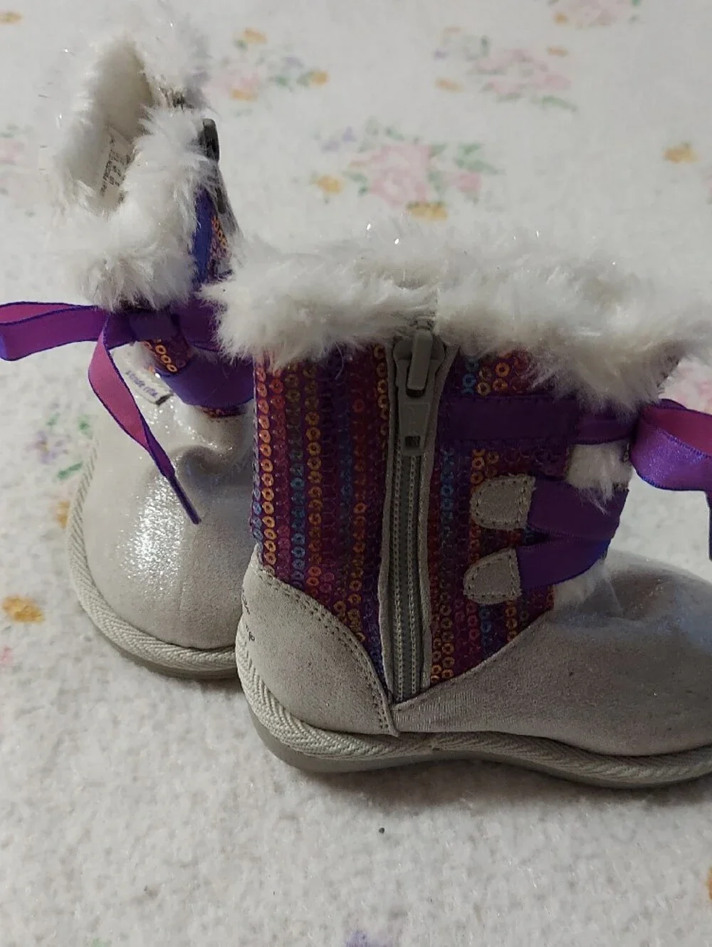 Stride Rite Girls White and Purple Sparkle Fur-Trim Boots